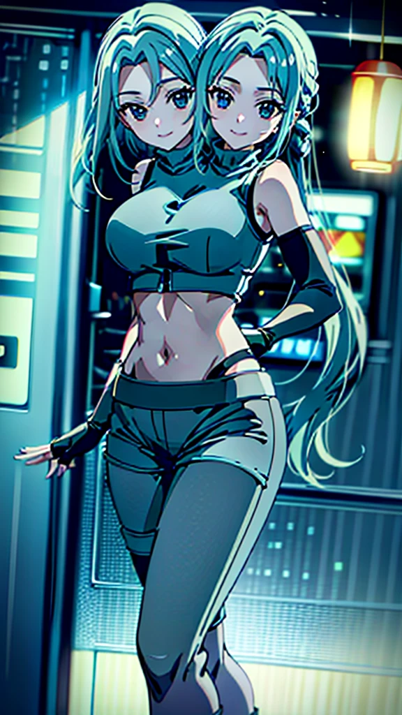 best quality, (masterpiece),(ultra-detailed), (high quality), (high resolution), ((2heads:1.5)), best quality:1.5, highres, UHD, 16K), smiling, highres, masterpiece, ((light blue hair)), gamer girl, long hair, hair band, black eyes, ((cinematic particles)), ((grey hot pants)), arcade room, (black gloves), cowboy shot, ((sleeveless jacket over a white crop top)), exposed midriff, fingerless gloves