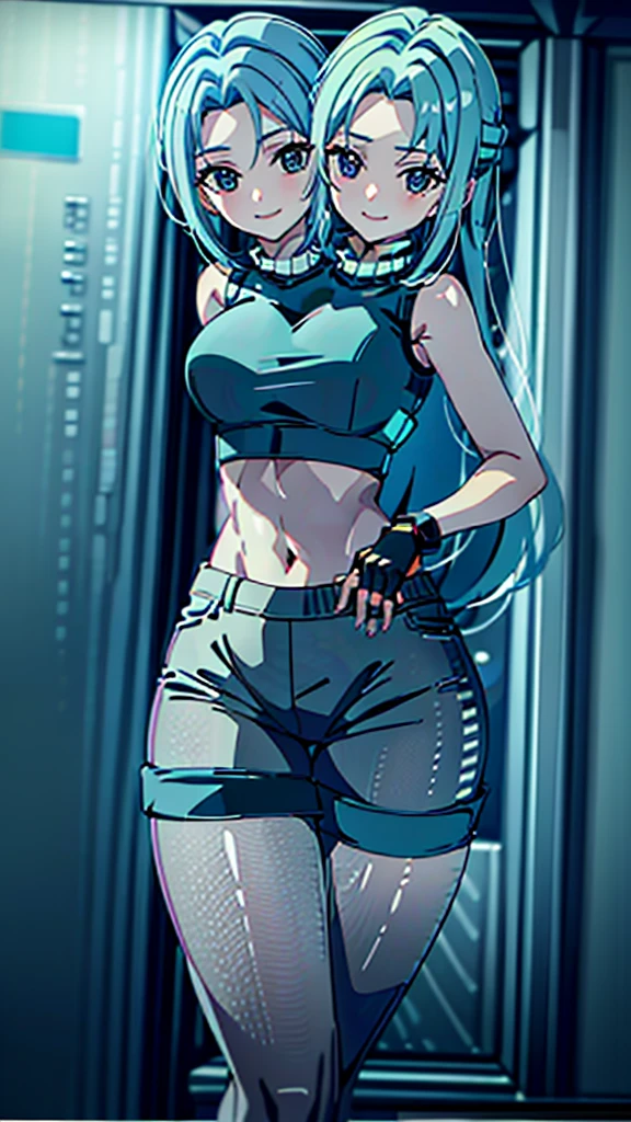 best quality, (masterpiece),(ultra-detailed), (high quality), (high resolution), ((2heads:1.5)), best quality:1.5, highres, UHD, 16K), smiling, highres, masterpiece, ((light blue hair)), gamer girl, long hair, hair band, black eyes, ((cinematic particles)), ((grey hot pants)), arcade room, (black gloves), cowboy shot, ((sleeveless jacket over a white crop top)), exposed midriff, fingerless gloves