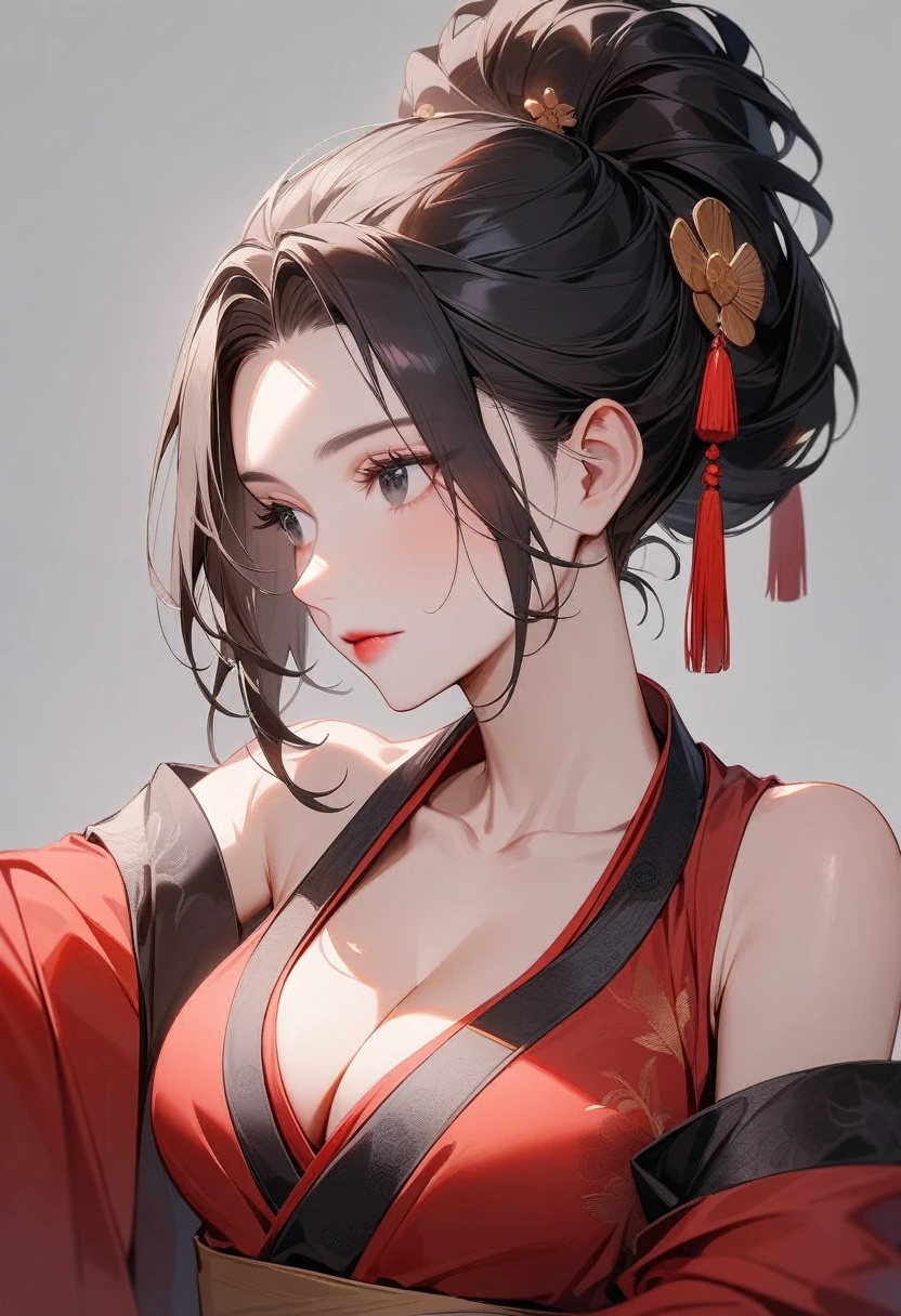 Mature women，Black long hair，Hair up，Red Hanfu，Showing cleavage，Show your shoulders，Beautiful black eyes，Extremely detailed，high resolution，Simple background