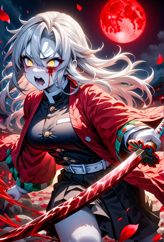 Ultra detailed, highres, absurdres, HDR, master piece, anime girl, pretty woman, white long hair with red streaks, expressive yellow eyes, red haori with patters of blood, black demon slayer uniform, Kimetsu No Yaiba, fantasy, petals, red flowers, pretty, woman grabbing a sword, solo, magic, shining red blood details, red moon, best quality, extremely detailed face and eyes, blood, grabbing a sword, fighting, feral face expression, white and pale skin ton