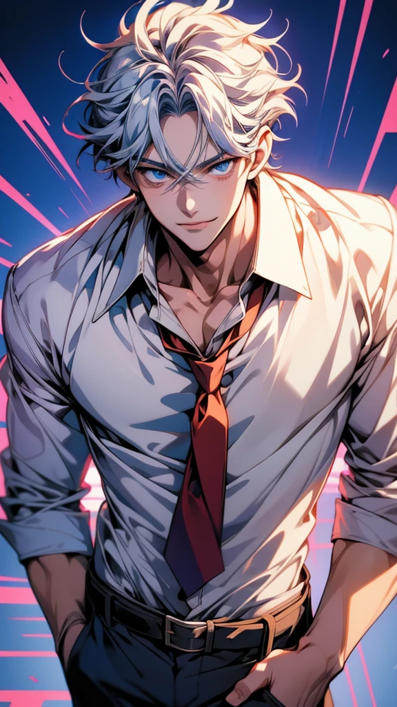 Anime Shōnen with blue eyes and a white shirt and tie, [[[[smile wickedly]]]], Anime Shōnen, kaworu nagisa, ( ( ( yoh yoshinari ) ) ), smileing nright, Young Anime Guy, Tall anime guy with blue eyes, 8K!, Anime Handsome Man, Cute anime face, Male Anime Characters