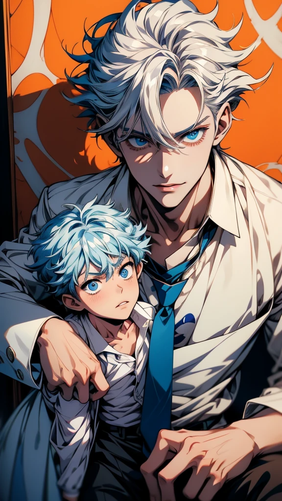 Anime Shōnen with blue eyes and a white shirt and tie, [[[[smile wickedly]]]], Anime Shōnen, kaworu nagisa, ( ( ( yoh yoshinari ) ) ), smileing nright, Young Anime Guy, Tall anime guy with blue eyes, 8K!, Anime Handsome Man, Cute anime face, Male Anime Characters