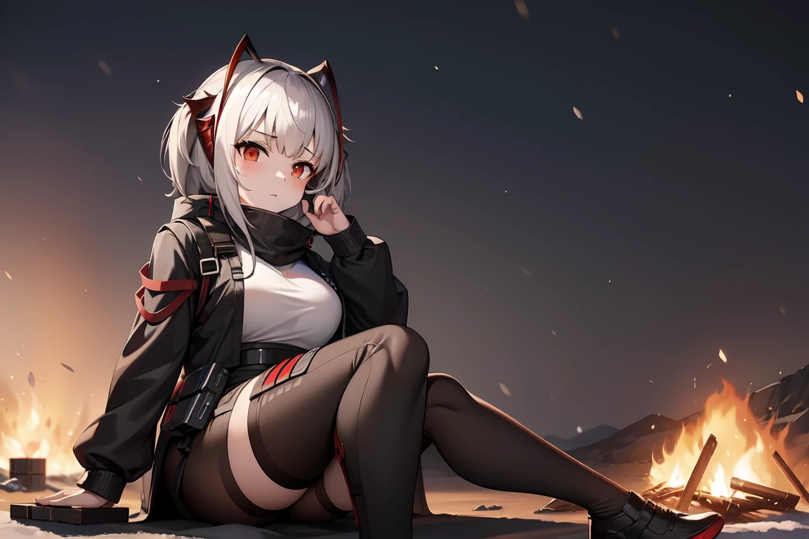 1girl, w_arknights, black clothes red parts, mature, adult, sitting on crates, snowy plains, campfire
