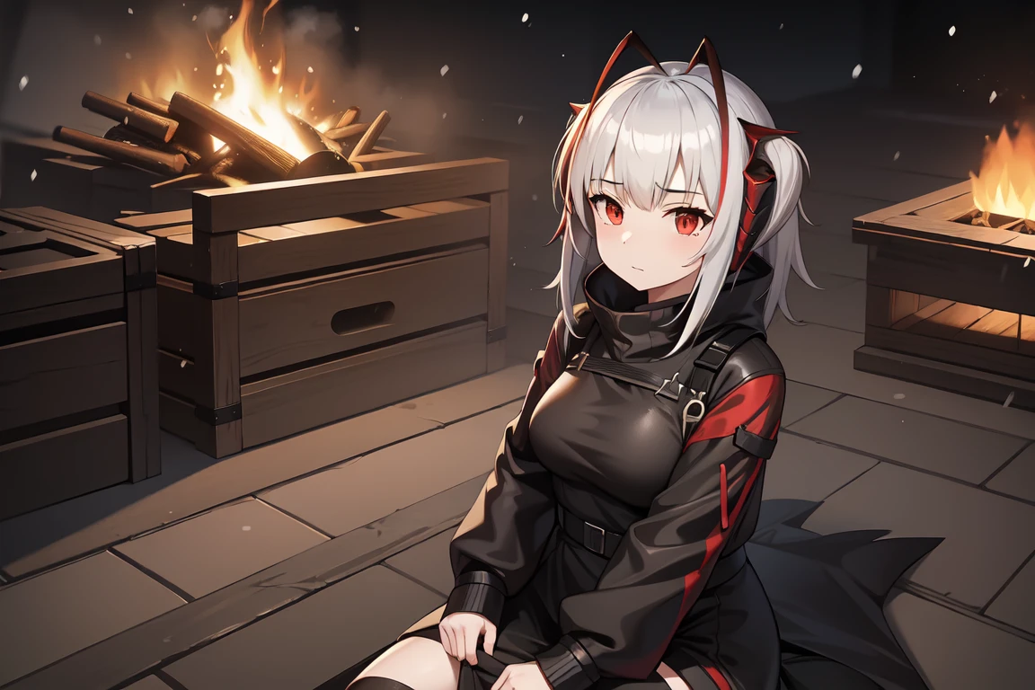 1girl, w_arknights, black clothes red parts, mature, adult, sitting on crates, snowy plains, campfire