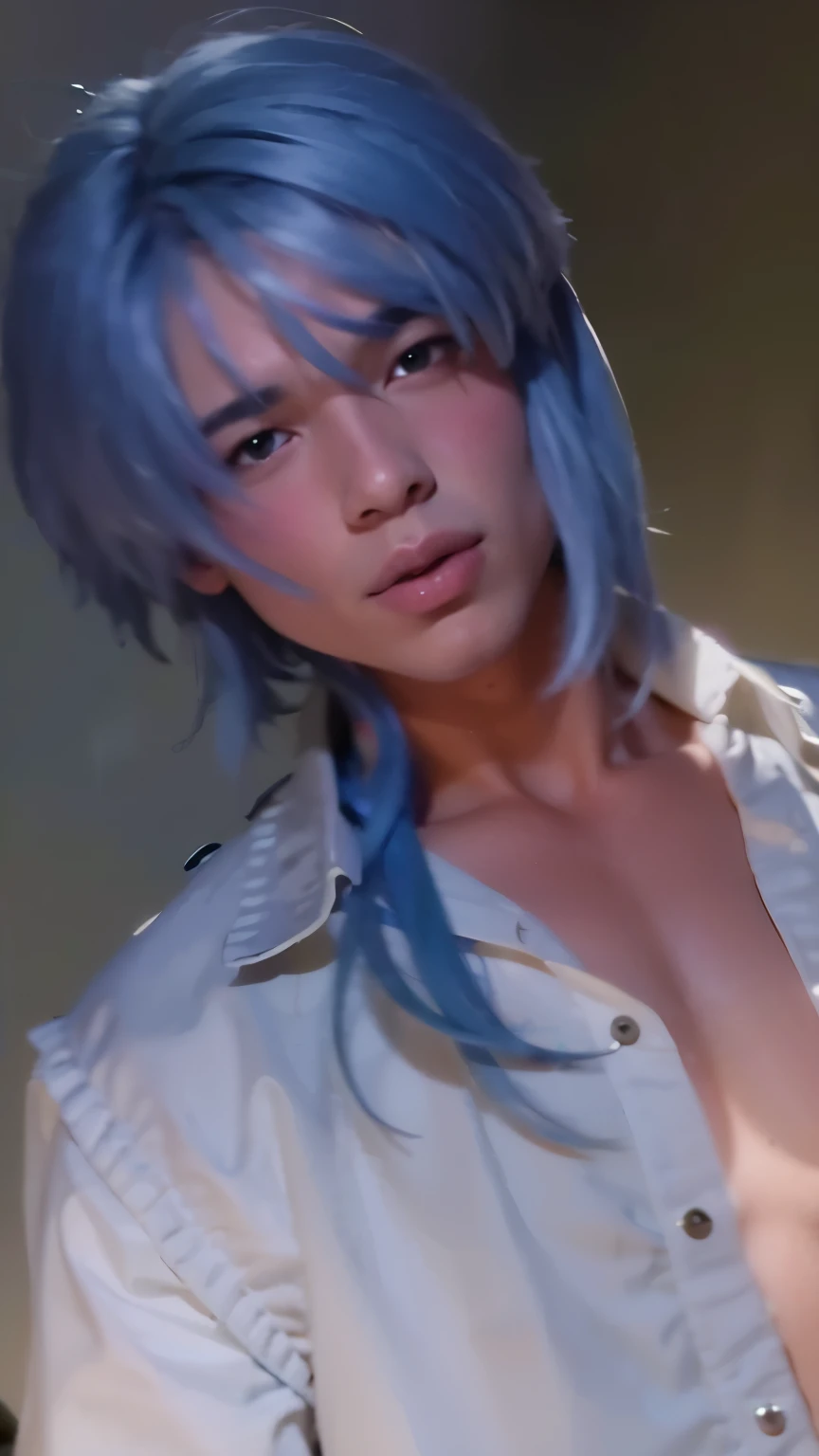Close-up of people with blue hair and shirts, teenage girl with blue hair and white shirt, Ayato Kamisato, anime cosplay, Trust Ayato, nice boy, muscular boy, work of art, texturized skin, High details, best qualityer, high resolution, 4K, Thick eyebrows, Thick eyebrows, thin eyes, high nose bridge, Adam's apple, blue colored eyes, homosexual, sem beard, Caucasian skin, textured hair, big mouth, thick lips
