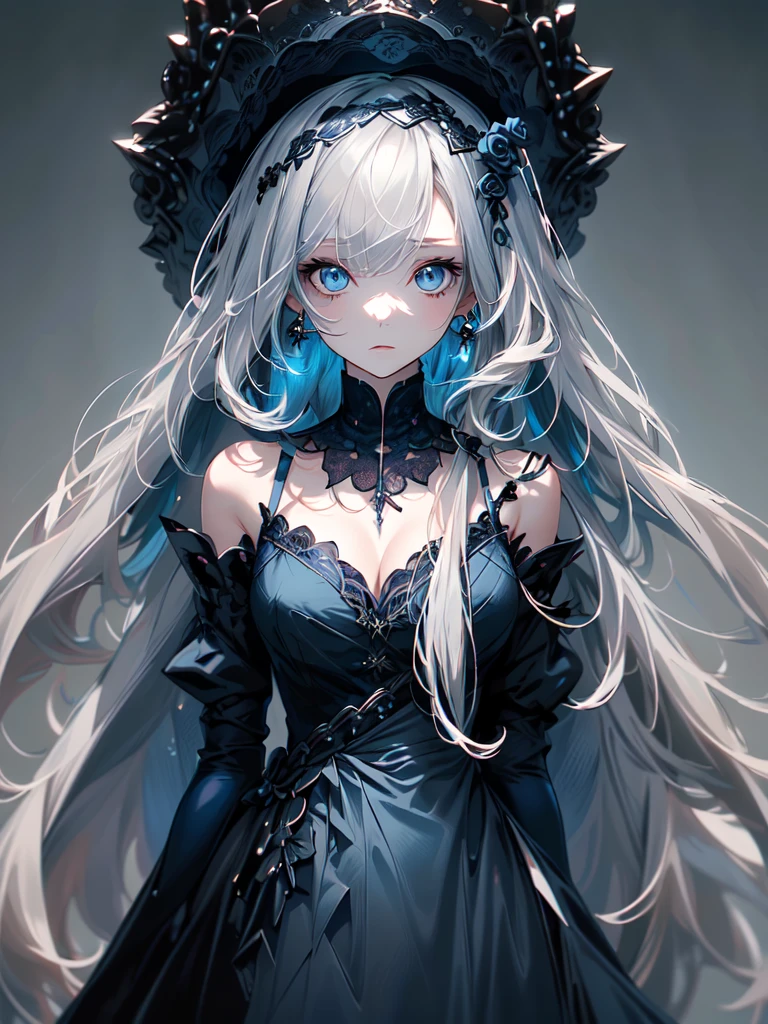 (masterpiece:1.2), highest quality, 1 female, alone, long long gray hair,   very long hair, bangs, (dark blue background:1.4), dark blue eyes, black bonnet with dark blue rose decoration, black gothic dress
