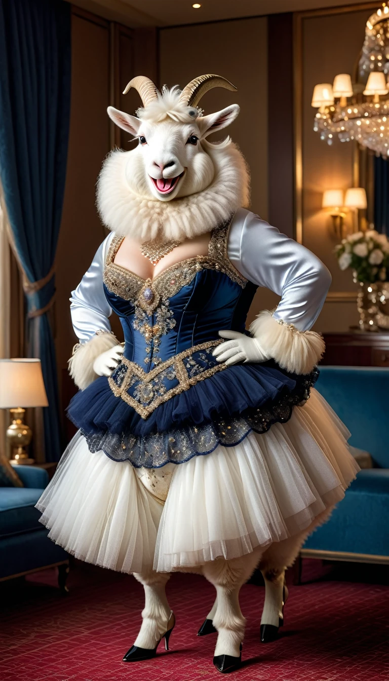 photorealistic portrait of Dressed animals-a ((fat)) ((angora goat)) dancer,(The whole body is covered with fur:1.5), (elegant pose:1.5), (hands on hips:1.5),(smile:1.5),high quality,(happy),(lovely) ,intricate details, Wearing bustier, (), highly detailed ((bustier)) ,highly detailed decorations of clothes, Fishnet panty horse , (happy), soft lighting,(full body image:2.0),luxury hotel room background,(high heels),