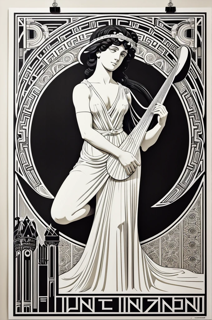 a black and white poster with a greek statue holding a harp, poster art by Mirko Rački, featured on behance, orphism, oniric, graphic design poster, archaic, official fanart behance hd, baroque vaporwave statue, streetwear graphic design, cherubic, beeple and alphonse mucha, graphic, official print, official artwork