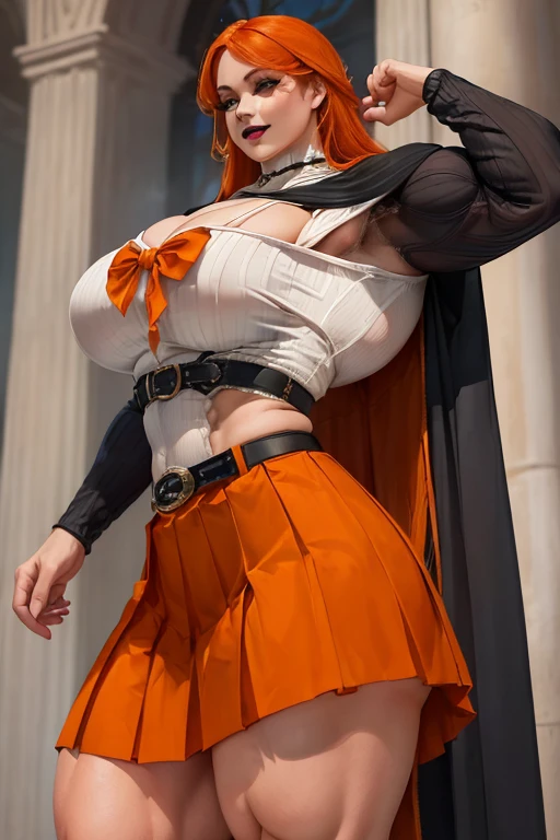 ((((Massive tall, beautiful, buff, pale white skinned muscular woman with orange hair, black lipstick, ginormous bulky muscles and wearing a orange long sleeve pleated shirt with beautiful long pleated skirt)))), (close view), (massive muscles), long shaggy hair, ((chained belt)), green eyes, choker, ((orange long sleeve pleated shirt and tie)), neck tie, ((beautiful long pleated skirt)), belt, thigh high socks, black boots, (in Hogwarts), closed smile, night, massive muscles