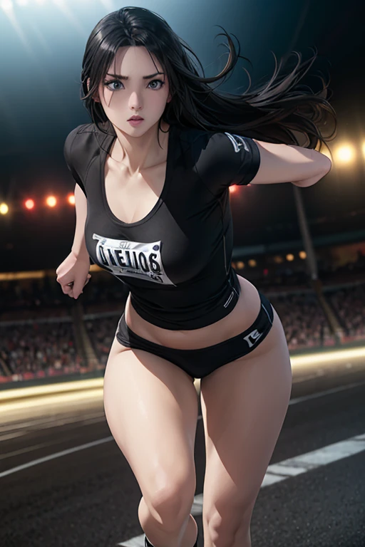 Young female athlete racing on the road, Long flowing black hair, Sleek and aerodynamic running wear, intense expression, Several female athletes compete in a heated race, Dynamic Motion Blur, A low-angle view that emphasizes long legs and powerful strides, Cinema Lighting, Vibrant colors, (Highest quality,4K,8K,High resolution,masterpiece:1.2),Super detailed,(Realistic,photoRealistic,photo-Realistic:1.37),Very detailed顔と目,Beautiful lip detail,Very detailed, hyper Realistic, Professional photography, Cinema Lighting, Dynamic action scenes, Wonderful landscape