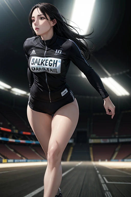 Young female athlete racing on the road, Long flowing black hair, Sleek and aerodynamic running wear, intense expression, Several female athletes compete in a heated race, Dynamic Motion Blur, A low-angle view that emphasizes long legs and powerful strides, Cinema Lighting, Vibrant colors, (Highest quality,4K,8K,High resolution,masterpiece:1.2),Super detailed,(Realistic,photoRealistic,photo-Realistic:1.37),Very detailed顔と目,Beautiful lip detail,Very detailed, hyper Realistic, Professional photography, Cinema Lighting, Dynamic action scenes, Wonderful landscape