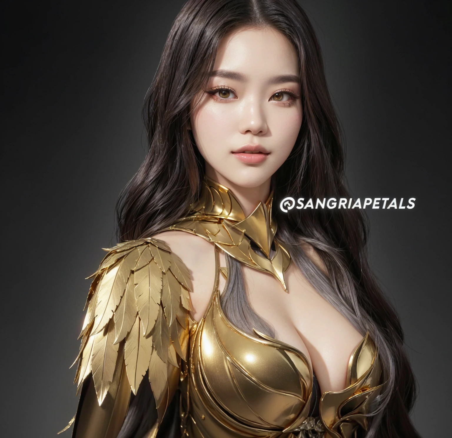 Close-up of a woman in a gold suit posing for a photo, ig model | germ of art, extremely detailed germ of art, germ of art. high detail, rossdraws sakimimichan, iu lee ji-eun as supervillain, rossdraws digital painting, trending germ of art, inspired by Sim Sa-jeong, ! dream germ of art