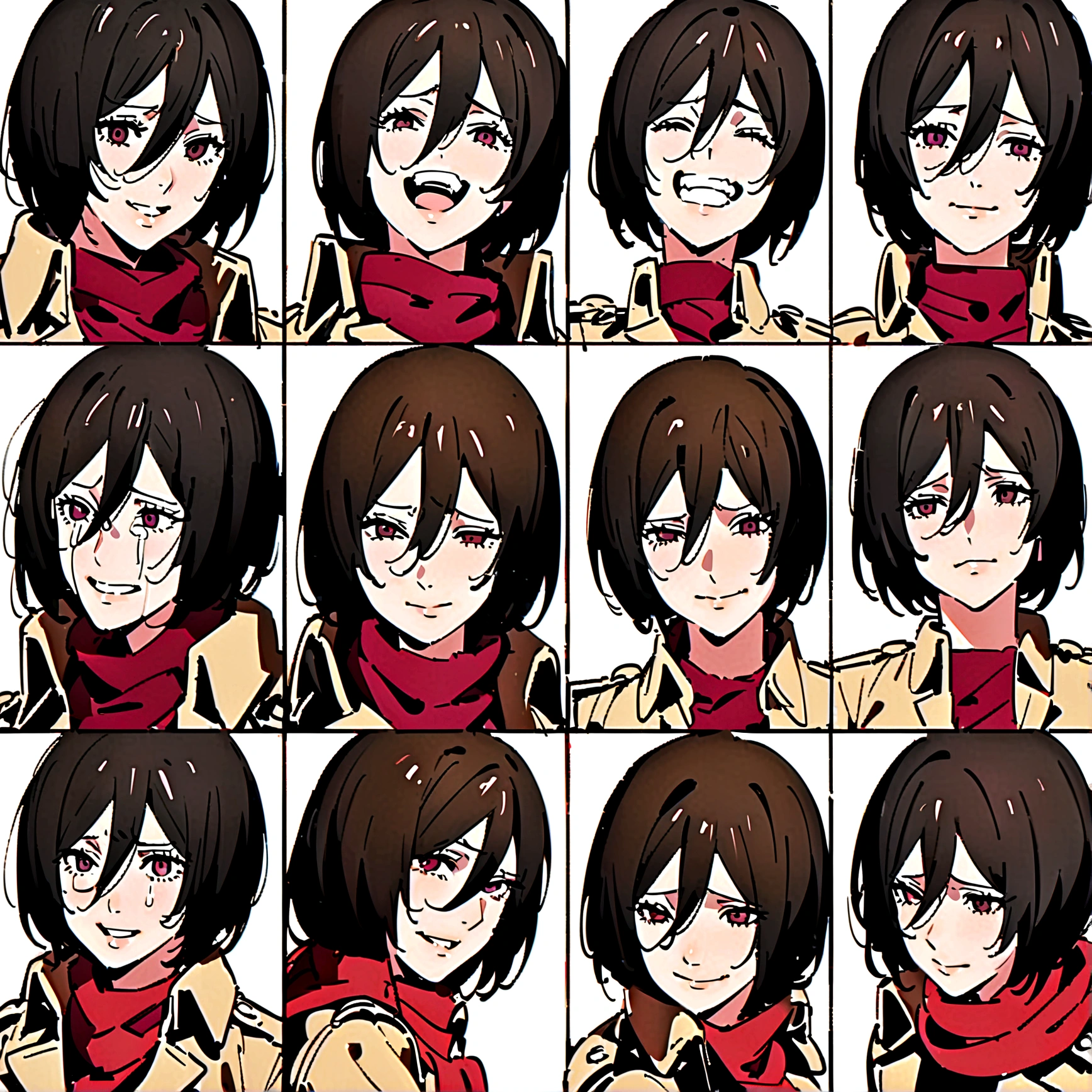 Mikasa Ackerman,Off-white background,Facial expression expressions,the same person,9 facial expressions,grid,Smile,laughing out loud,cry,tired,Sly Smirk,Shy,Bad temper,surprise,Fear,rest, Brown military uniform, red scarf, best quality,masterpiece,Very detailed,Very detailed,8K