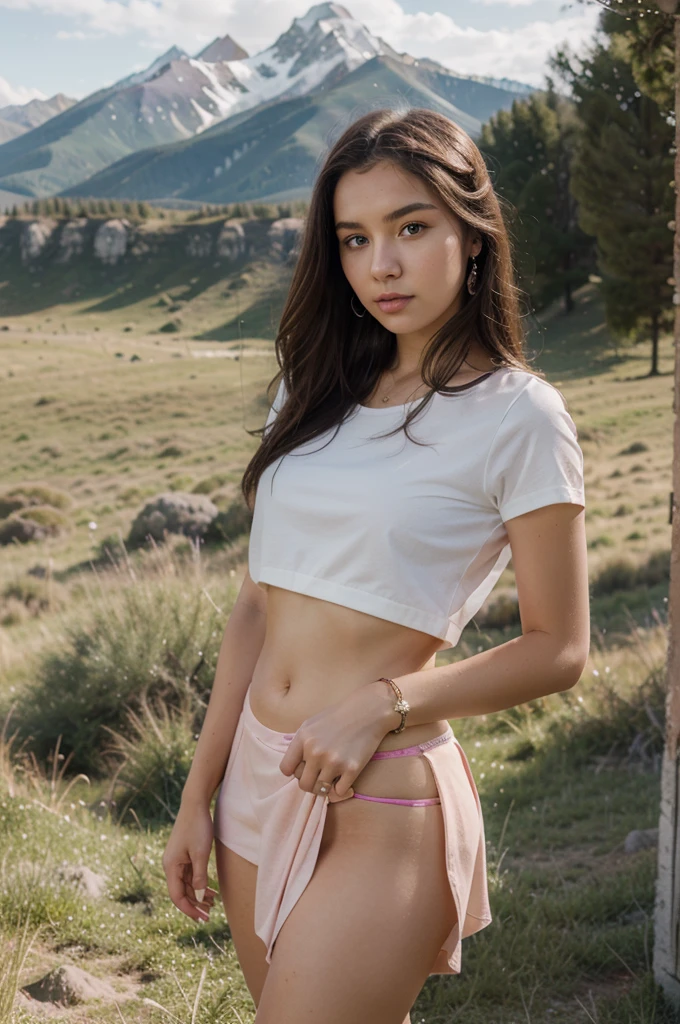 1girl in, 25 years old, Square face, Long hair, fat body, Looking at viewer, jewelry, Realistic, Sexy, short skirt and revealing underwear , colorful outfit, Background of grasslands and mountain peaks, posture sit