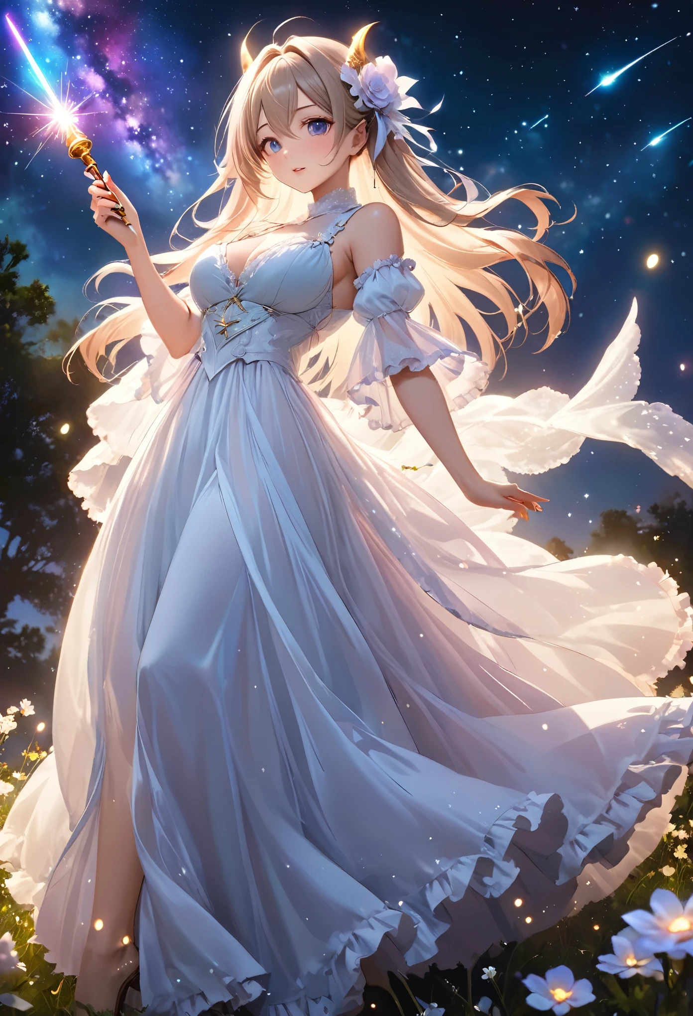 Highest quality, Super quality, 16K, Incredibly absurd, Very detailed, 2.5D, delicate and dynamic, Small faint lights and flying fireflies, night, Starry Sky, milky way, nebula, shooting star, Flowers, birds, wind and moon,erotic, sole sexy lady, healthy shaped body, 22 years old lady, White Devil Guide, 170cm tall, huge firm bouncing busts, Delicate eye depiction, Colorful magic wand, A long dress with a complex structure, A colorful long dress, frilly see-through long dress