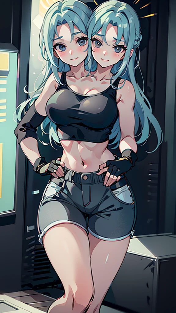 best quality, (masterpiece),(ultra-detailed), (high quality), (high resolution), ((2heads:1.5)), best quality:1.5, highres, UHD, 16K), smiling, highres, masterpiece, ((light blue hair)), gamer girl, long hair, hair band, black eyes, ((cinematic particles)), ((grey hot pants)), arcade room, (black gloves), cowboy shot, ((sleeveless jacket over a white crop top)), exposed midriff, fingerless gloves