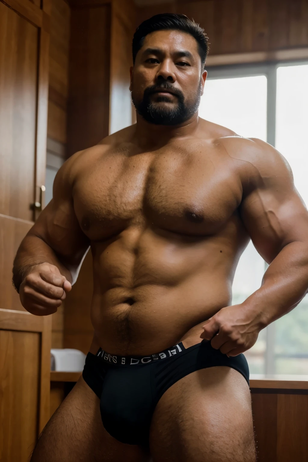 A wild plump chinese uncle man, (55 years old daddy:1.1), 1boy, Solo, handsome, small eyes, detailed eyes:1.1, big round face shape, (Detailed face:1.3), short hair, (Best quality, A high resolution), Masterpiece, in the gym, Intricate details, depth of field, full body shot, macho, sweat, manliness, short trunk, bear style, masculine, bulge, shirtless, tough man, real man, beefcake, muscular, jacked, hunk, thick body, stocky build, good light, workout