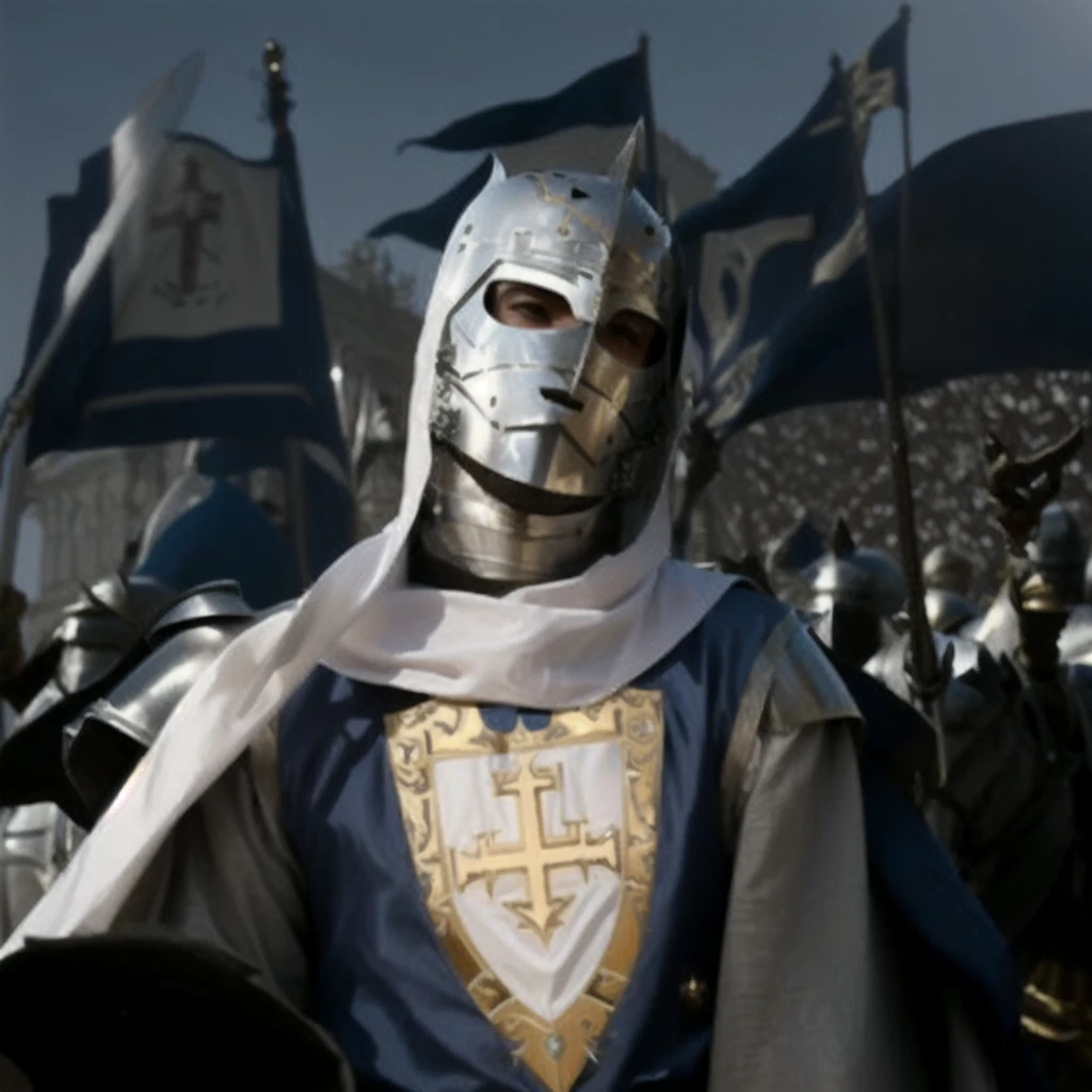 arafed knight in full armor, medieval crusader saint, Edward Norton as King Baldwin IV, medieval crusader saint, square-jawed in medieval clothing, paladin of light, medieval saint crusader knight, silver armor with gold ornaments and covered with white silk, shades clear, dramatic mask, dramatic light