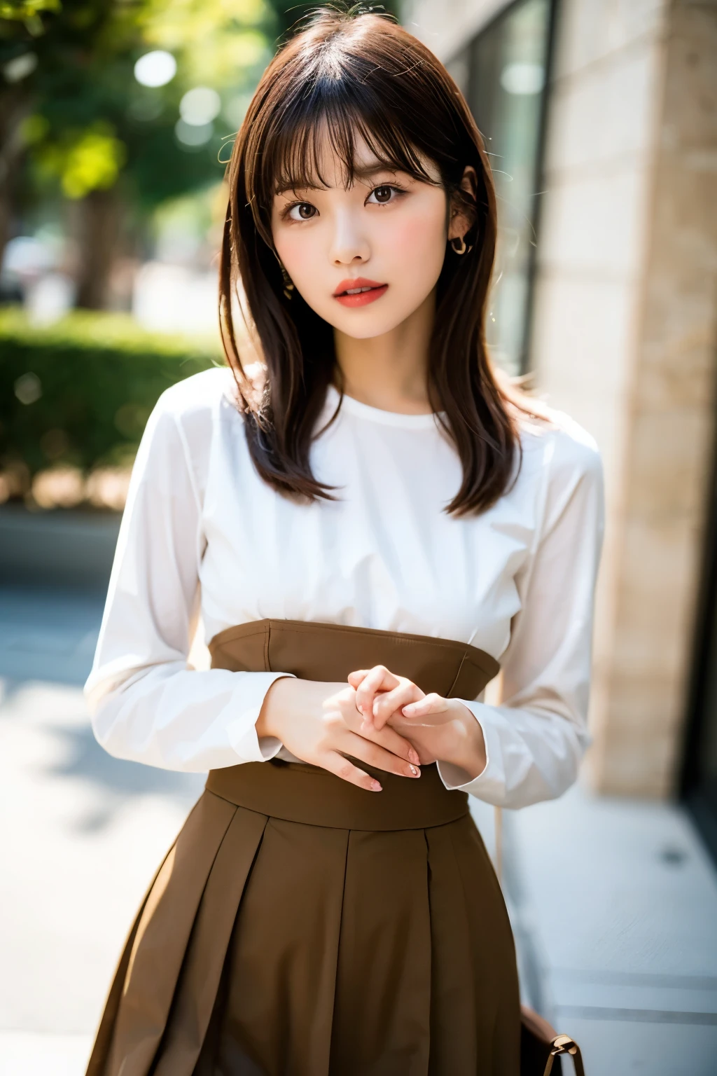 Mix 4,(Highest quality), (Realistic),(Simple white background:1.2), (21 year old girl 1:1.5), Upper Body, A face with attention to detail, smile,[Ash Blonde | Ginger | Brown gray hair], Fujifilm XT3, beige, Camel, black, or red、High-waisted pants in neutral colors like silver and blue, Silk blouse and structured blazer combination, Creates a sophisticated and powerful appearance,(8K), bangs, short hair、Random outfit、Random sexy poses