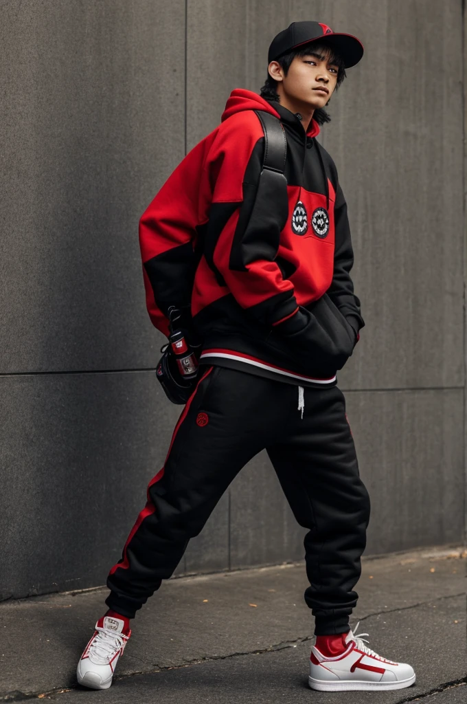 A teenager of 1.86 tall wears black and red sneakers, black sports pants, kangaroo sweatshirt with the sweatshirt hat on, The sweatshirt was black with red details., black gloves that cover his hands and have metal plates on his knuckles, and on his back he has a black katana, with gold and red details, He also has a Japanese fox mask on his face., have eyes, has the sharingan