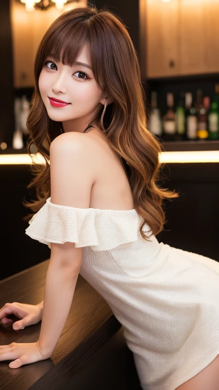 Highest quality、8k wallpaper、Reality:1.4、Photographed by a professional photographer、Cinema Lighting、View your viewers、background:Gorgeous bar lounge at night、1 beautiful girl、Japanese Idol、30 years old、Beautifully detailed eyes、Detailed face、Beautiful Skin、Slender、Slim waist、Thin legs、Red lipstick、Fancy hairstyle:1.8、Random hair color、Light Hair、The light hits her hair and it shines golden、Asymmetrical bangs、Off-the-shoulder dress、I can see your chest 、smile:1.4、Seductive pose