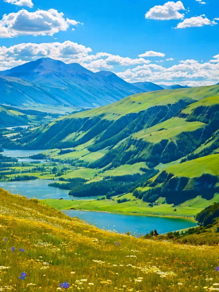 Vast grassland scenery,Blue sky and white clouds,Green mountains and clear waters,Sheep Creek,Fragrant wildflowers,reality,HD