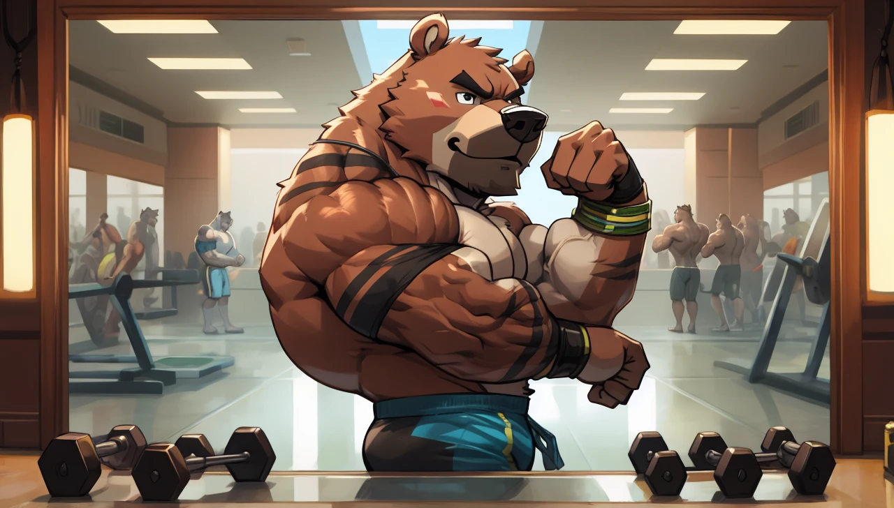 Huge muscular thick Bear bodybuilder shirtless in black gym shorts and wristbands flexing and posing at the mirror looking at his muscles pumped.