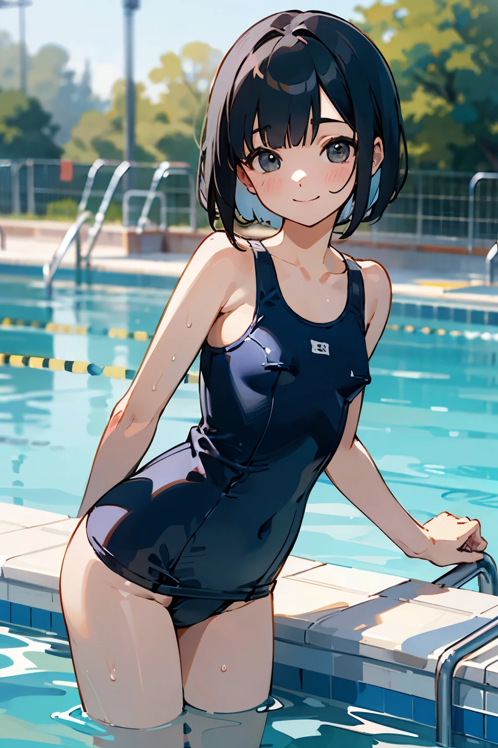 NSFW、In the best quality、age girl standing in swimming pool。In high resolution、Beautiful details、Quiet atmosphere。Black Bob Hair、Cute Smile.。Small breasts、Cute School Swimsuit。