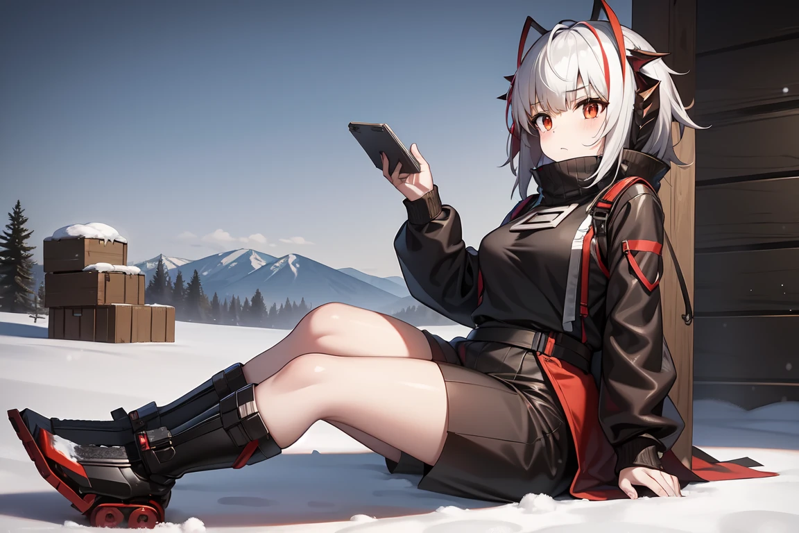 1girl, w_arknights, black clothes red parts, mature, adult, sitting on crates, snowy plains, campfire, snow