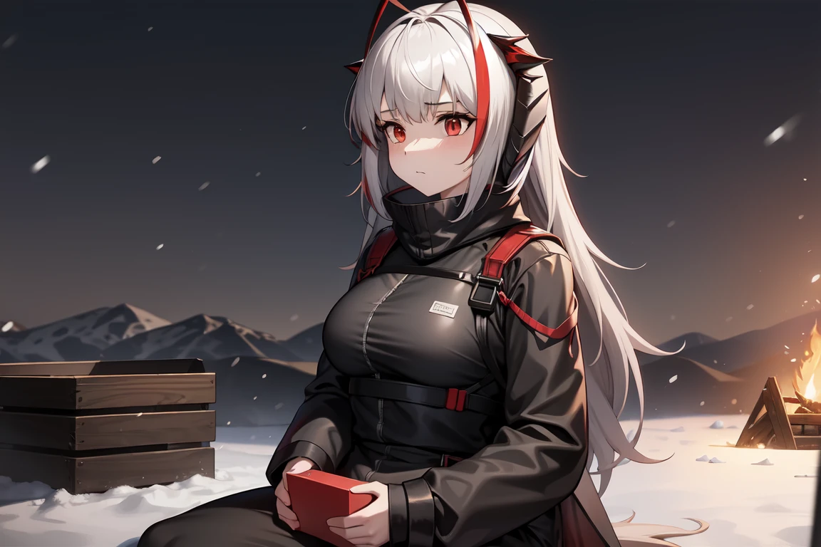 1girl, w_arknights, black clothes red parts, mature, adult, sitting on crates, snowy plains, campfire, snow