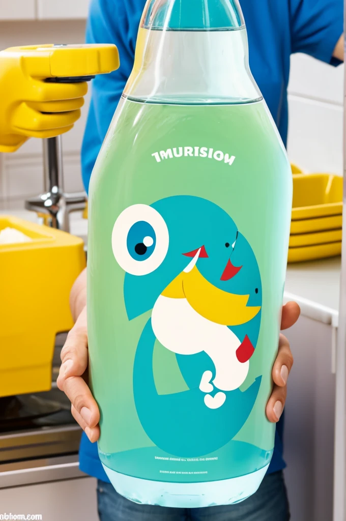 Make a cartoon character holding a dishwashing liquid