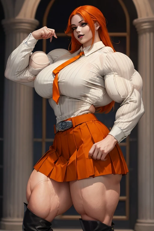 ((((Massive tall, beautiful, buff, pale white skinned muscular woman with orange hair, black lipstick, ginormous bulky muscles and wearing a orange long sleeve pleated shirt with beautiful long pleated skirt)))), (close view), (massive muscles), long shaggy hair, ((chained belt)), green eyes, choker, ((orange long sleeve pleated shirt and tie)), neck tie, ((beautiful long pleated skirt)), belt, thigh high socks, black boots, (in Hogwarts), closed smile, night, massive muscles