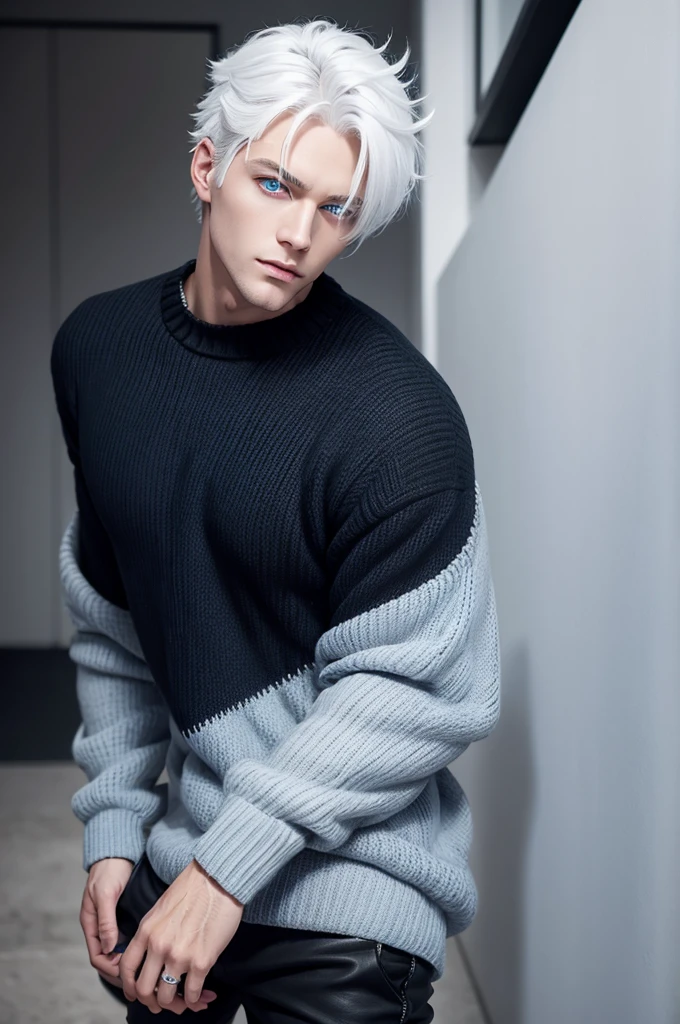 1 men, white hair spiked down, shining blue eyes, big black sweater, black pants