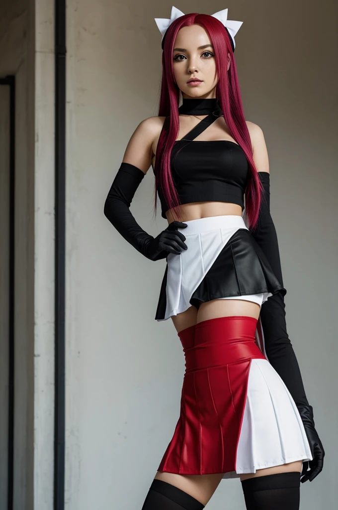 absurdities,Masterpiece, Best Quality, high resolution, high quality, 1 girl, Hatsume Miku,Team Rocket,Team Rocket uniform,White skirt,red letter R,crop top,black thigh high stockings,black elbow length gloves,