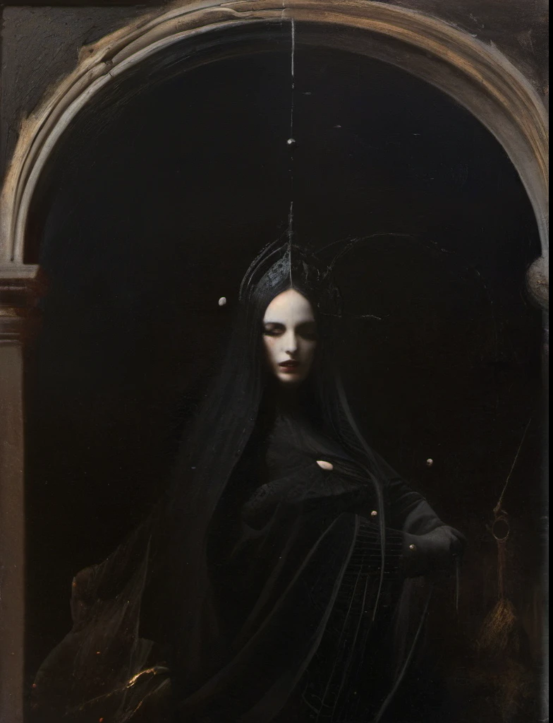 James Gurney, Surrealist art , dream-like, Mysterious, Provocative, symbolic, Complex, detailed,, (Gothic but very beautiful:1.4), (masterpiece, Highest quality:1.4) , Nicola Samori Style, Goddess of Saturn