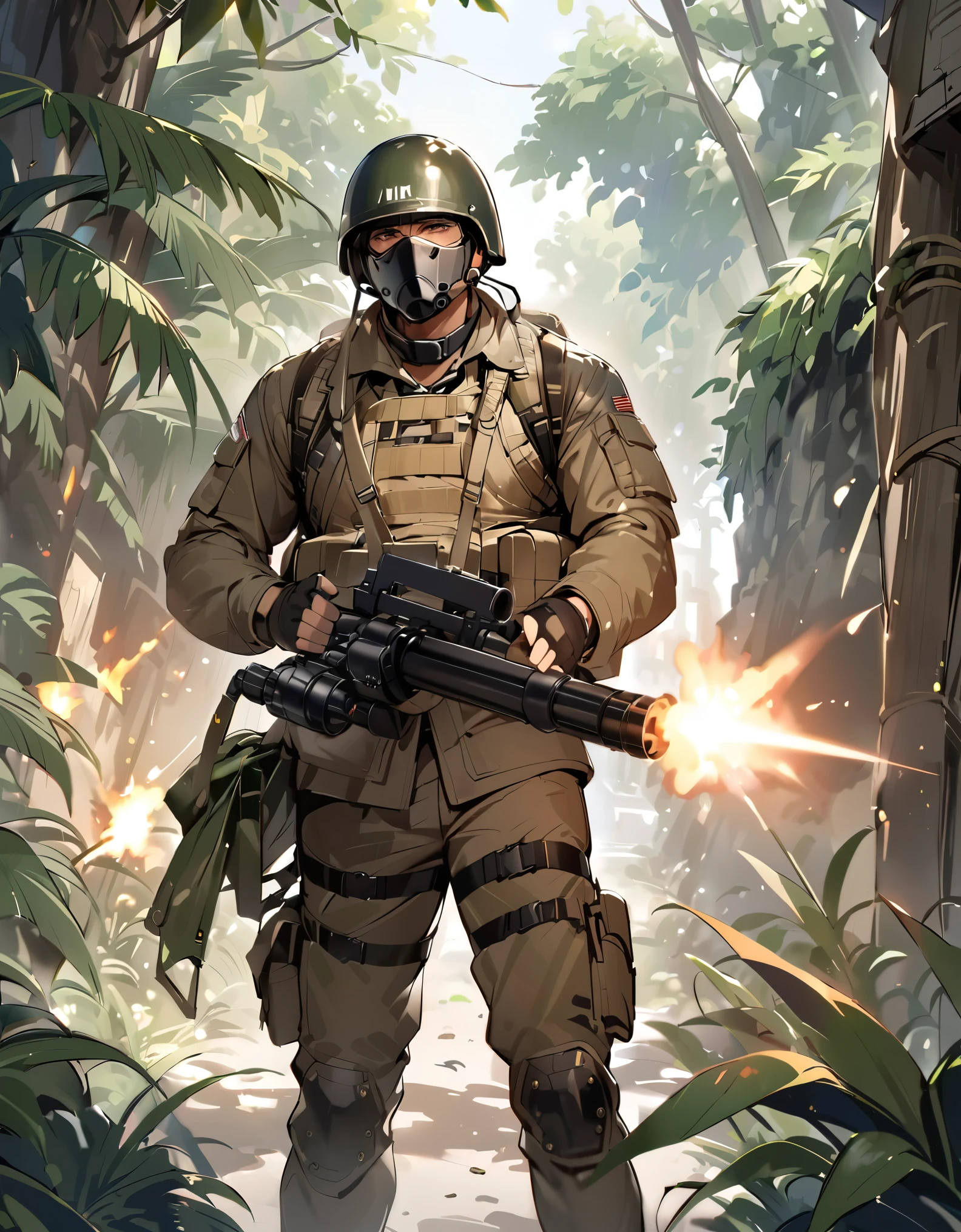 (masterpiece), (best quality), (hires),1man, male focus, solo, solo focus, (using m134 minigun), us military, war zone, firing gun, helmet, full combat gear, fingerless gloves, matching boots, shell casings coming from the gun, shell casings coming from the minigun, muzzle flash, (perfect hands), jungle backdrop, serious.