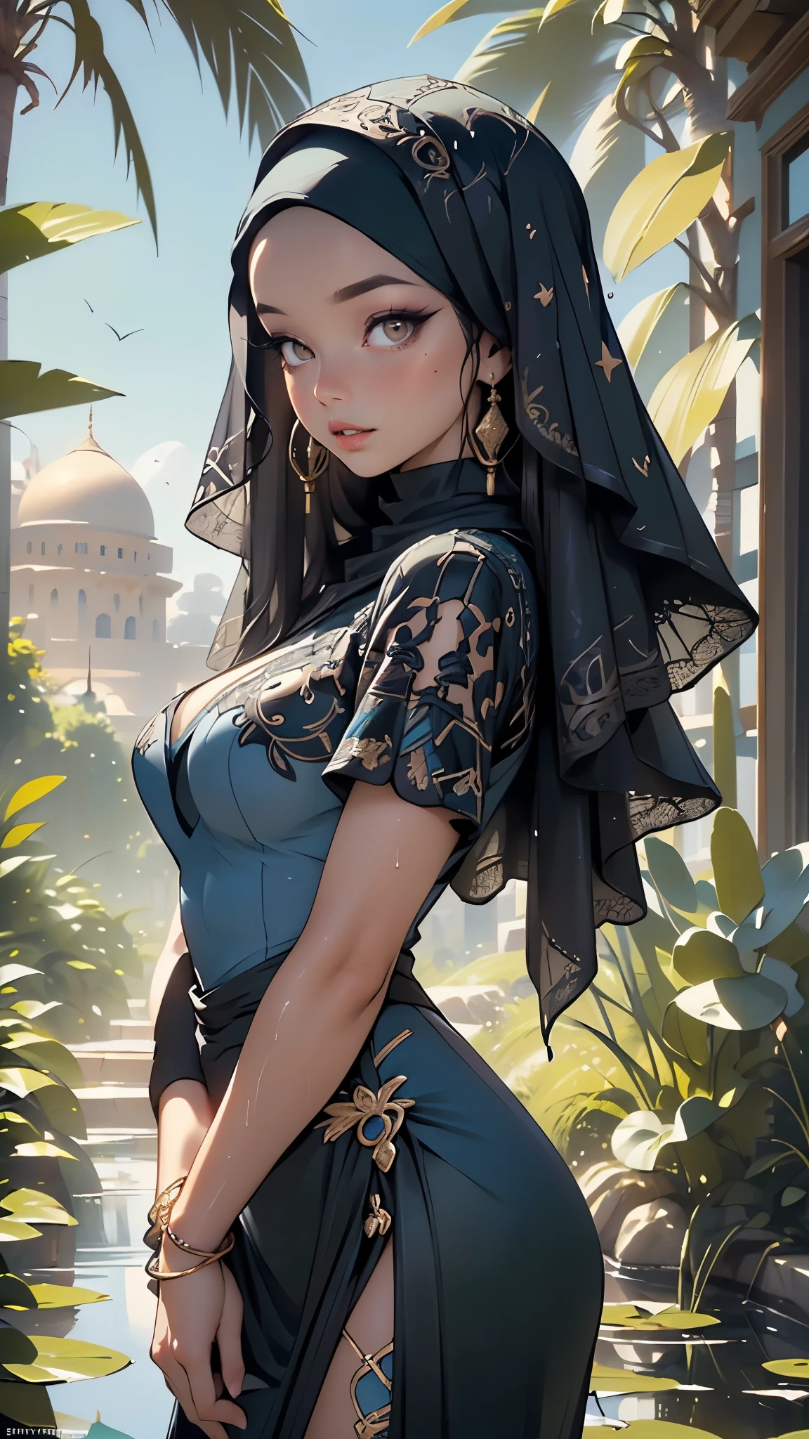 arabian girl,1girl,((((black race)))),
(large breasts:1.4),((((black hair,colored inner hair)))),(((brown_eyes:1.3))),intricate eyes,beautiful detailed eyes,symmetrical eyes,((((tan,dark skin,black skin:1.35,dark-skinned_female,dark skin:1.3,ebony skin,lustrous skin:1.5,bright skin: 1.5,shiny skin,very shiny skin,shiny body)))),,(spider lower abdomen,narrow waist,wide hip,athletic body,inflated legs,thick thighs,(detailed face)),beautiful detailed lips,
cute,slutty,sensual,seductive look,seductive,((erotic)),opulent,sumptuous,((nsfw)),
(hijab:1.5),arabic style headdress, egyptian light clothes,((arabian warrior:1.5),Gold embroidery and jewelry),arabian accessories,(arabian jewelry in her arms),earrings,(((eyeshadow,arabian makeup,eyelid makeup))),(((blue clothes,blue outfit,wet clothes,intricate outfit,embroidered outfit,ornate outfit,intricate cloth,embroidered cloth,ornate cloth))),
(dynamic pose:1.3), looking at viewer,embarrassed,centered,scale to fit dimensions,Rule of thirds,
outdoors,(Arab palace,Arab palace background,pyramids in the background),scenery,(oasis,oasis background),extremely scenery,(puddles everywhere,moss,moss on the background),clouds,Arab style,Arab castle,lily pads,palms,reeds,(sunset, golden hour),
(Glossy Arab ornaments),highres,sharp focus,(ultra detailed,extremely detailed),(photorealistic artwork:1.37),(extremely detailed CG unity 8k wallpaper),(((vibrant colors,vibrant theme))),(intricate),(masterpiece),(best quality),artistic photography,(photography taken by sldr),(intricate background),perfect rendered face,perfect face details,realistic face,photo realistic,((intricate detail)),(((realism))),