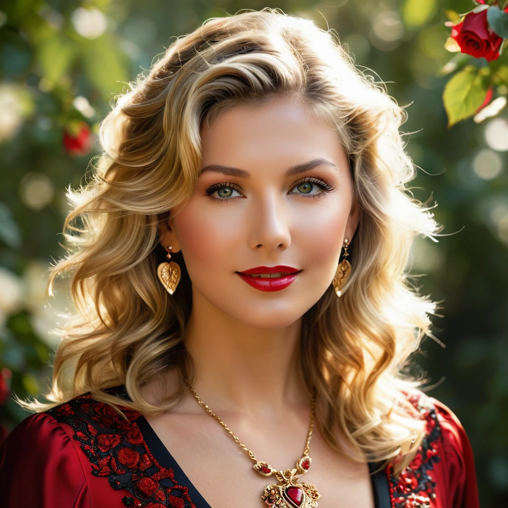 Create a highly detailed and realistic portrait of a young Olivia Newton-John with long, wavy blonde hair adorned with red roses. She has striking, expressive eyes and a calm, composed expression. She is wearing a vintage-style outfit with a necklace featuring a pendant. The background is a soft-focus natural setting with warm, dappled sunlight filtering through the leaves, enhancing the serene and romantic atmosphere. The style should be hyper-realistic with a touch of romanticism. Photo Realistic photo, vibrant colors, 16k