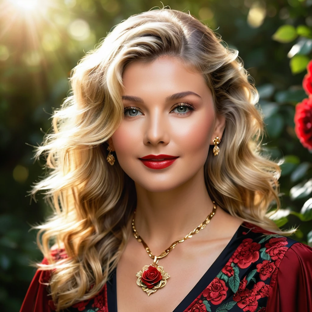 Create a highly detailed and realistic portrait of a young Olivia Newton-John with long, wavy blonde hair adorned with red roses. She has striking, expressive eyes and a calm, composed expression. She is wearing a vintage-style outfit with a necklace featuring a pendant. The background is a soft-focus natural setting with warm, dappled sunlight filtering through the leaves, enhancing the serene and romantic atmosphere. The style should be hyper-realistic with a touch of romanticism. Photo Realistic photo, vibrant colors, 16k