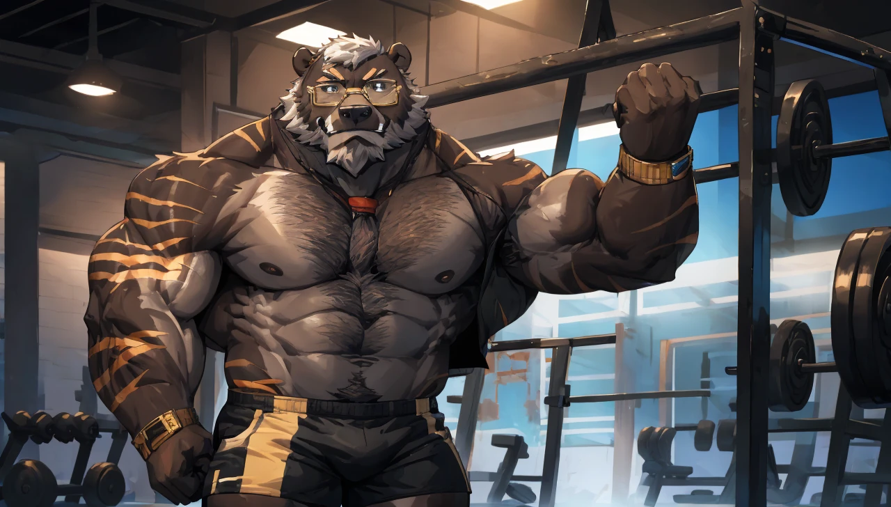 solo, 1boy, Huge Muscular Old Grizzly Bear wearing glasses , pectoral, huge pectoral, wide pectoral, short white hair, short pants black wristbands and shirtless topless, bearded, Mustache, gym background, masterpiece, high detailed, 8k, high resolution, at the gym pull-ups