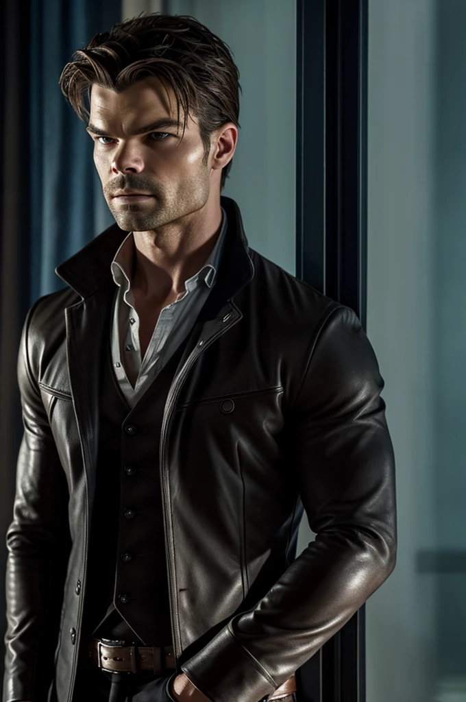 Hyperrealistic photograph of the real Daniel Gillies from The Originals, with exact features to Elijah Mikaelson, standing in front of a window.