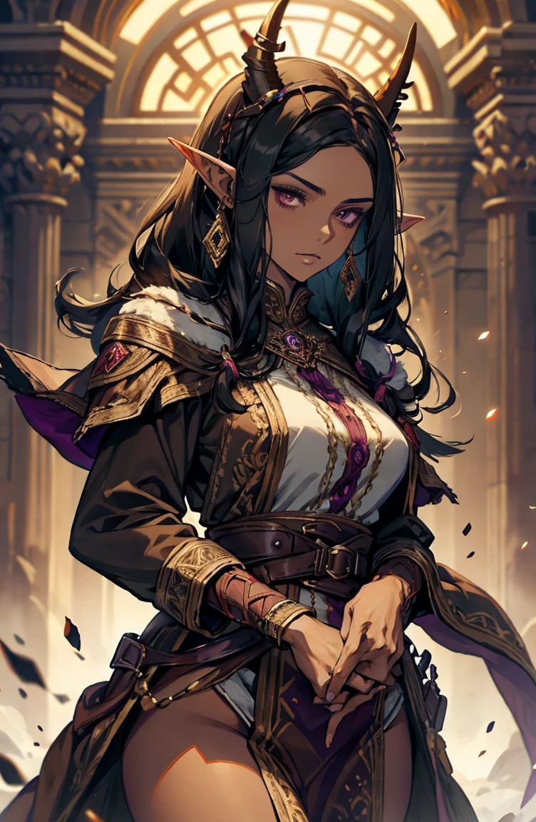 brown skin, older woman, sexy, tall, brown skin, one wing, black hair, elf, elf ears, horns, dark clothing, purple clothing