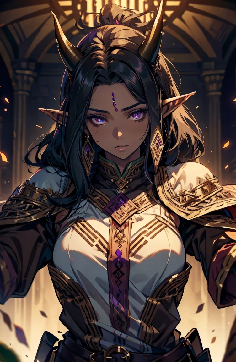 brown skin, older woman, sexy, tall, brown skin, one wing, black hair, elf, elf ears, horns, dark clothing, purple clothing