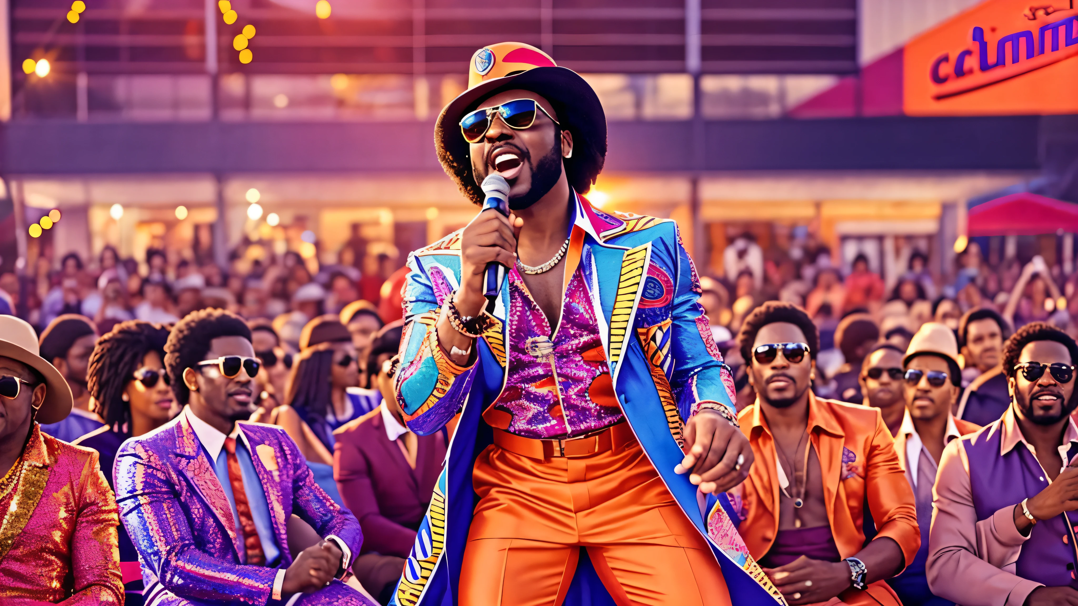 Generate an image of a 1970s African-American R&B superstar named Luther Diamond performing at a car dealership. Luther Diamond is on an outdoor stage, dressed in stylish 1970s fashion with a vibrant, flashy outfit and large sunglasses. He is singing passionately into a microphone. The car dealership is bustling with activity, featuring vintage cars from the 1970s, colorful banners, and a lively crowd enjoying the performance. The scene should capture the energetic and nostalgic atmosphere of the era. cinematic action, cinematic lighting, backlighting, masterpiece, anatomically correct, textured skin, super detail, 8k atmospheric perspective, depth of field,
