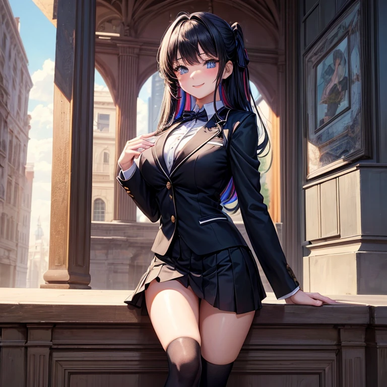 a beauty girl，girl with，A smile，Cute blazer in black uniform，Ribbon on uniform、top-quality，​masterpiece，Colossal tits，超A high resolution，multicolored hair，Excellent style，Perfect facial features，a beauty girl，modeled，girl，long，​masterpiece，Loose socks，