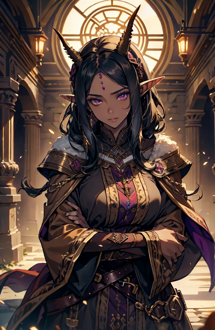brown skin, older woman, sexy, tall, brown skin, one wing, black hair, elf, elf ears, horns, dark clothing, purple clothing