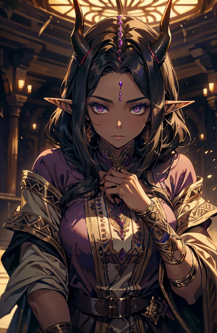 brown skin, older woman, sexy, tall, brown skin, one wing, black hair, elf, elf ears, horns, dark clothing, purple clothing