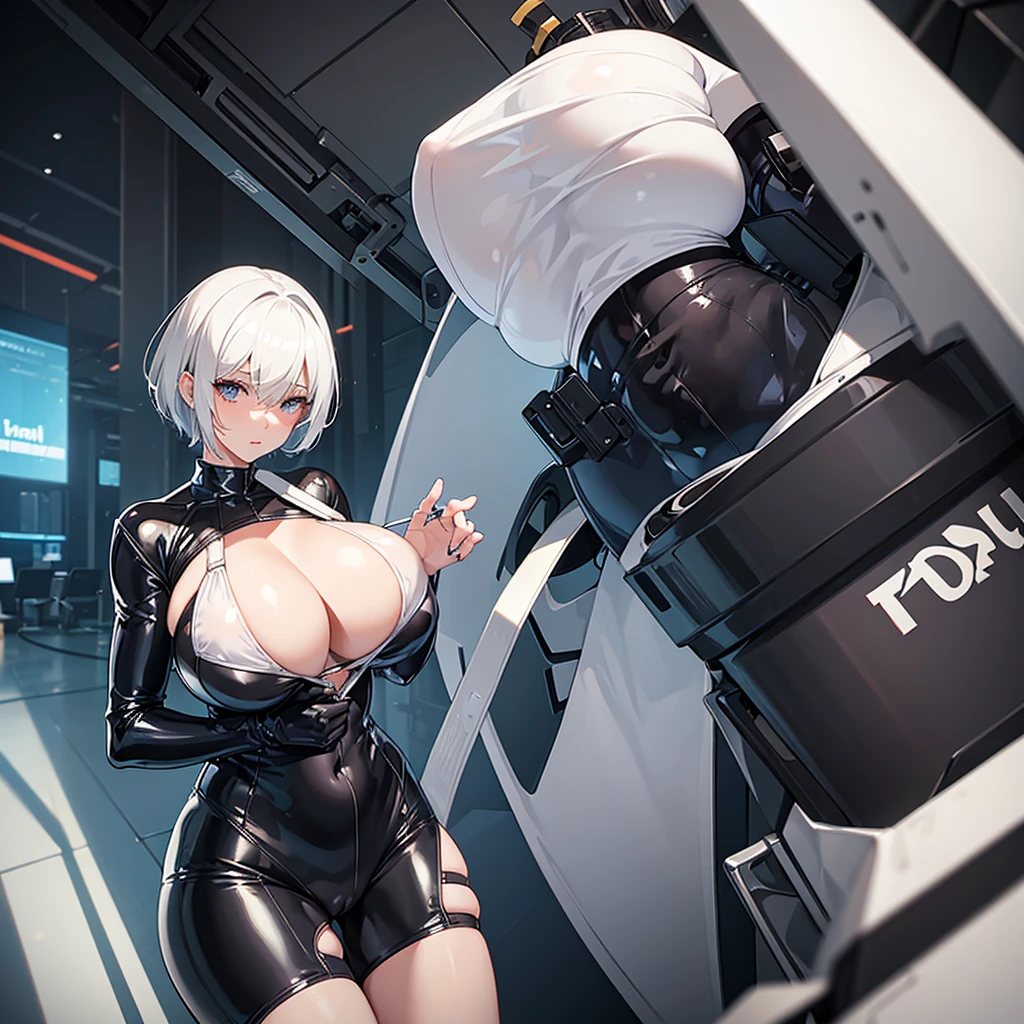 This is a girl with short white hair who covers her eyes with a swimsuit that falls from her shoulders and ties the latex crotch with a huge chest and huge breasts 