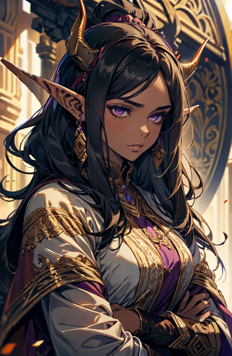 brown skin, older woman, sexy, tall, brown skin, one wing, black hair, elf, elf ears, horns, dark clothing, purple clothing