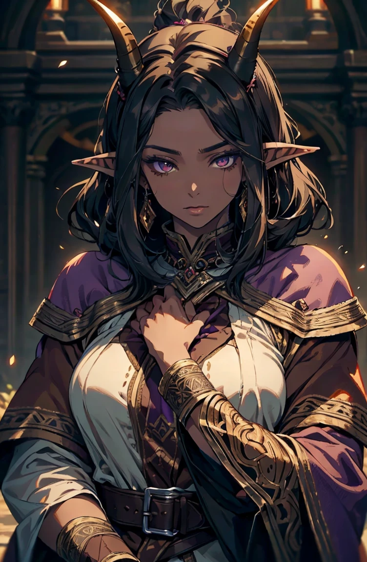 brown skin, older woman, sexy, tall, brown skin, one wing, black hair, elf, elf ears, horns, dark clothing, purple clothing
